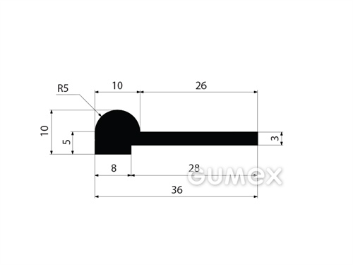 Pryžový profil tvaru "P", 36x10/3mm, délka 2500mm, 60°ShA, SBR, -40°C/+70°C, černý